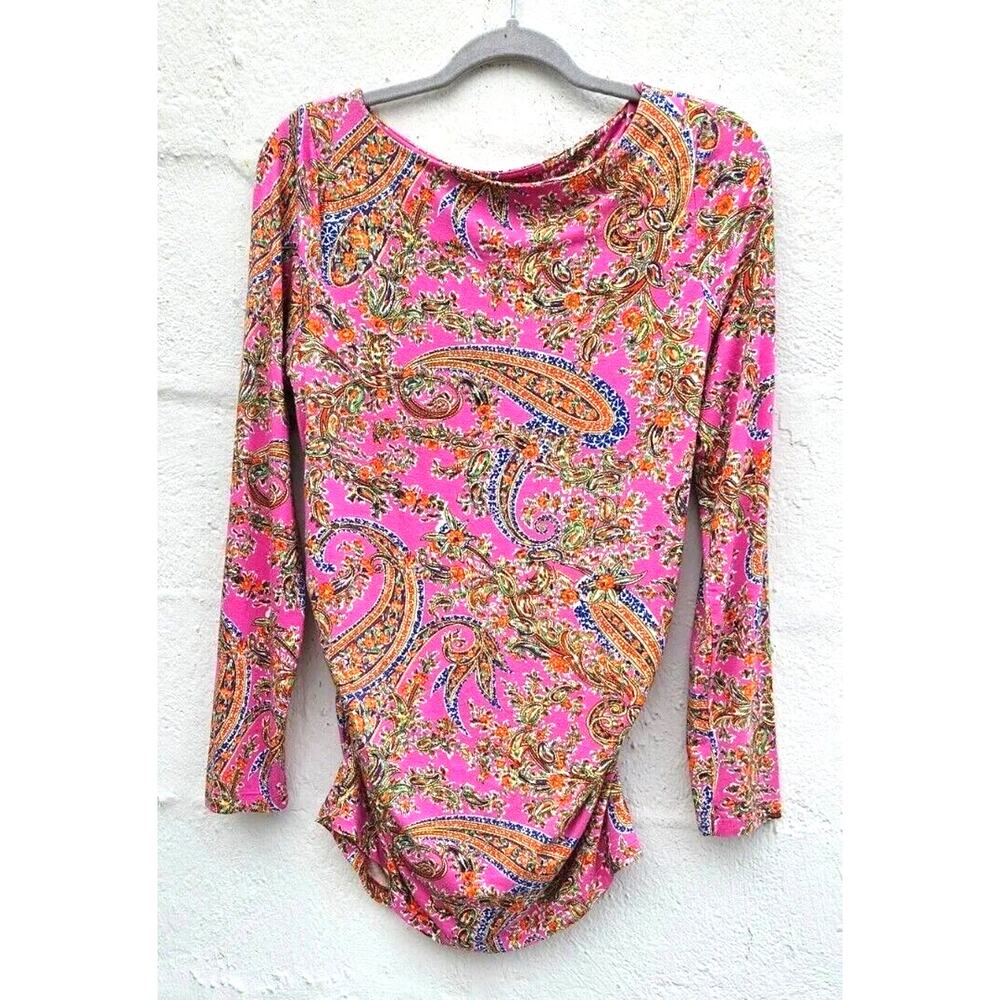 Ralph Lauren LRL Womens Top Medium Pink Paisley Colorful Soft Thin‎ Ruched Shirt